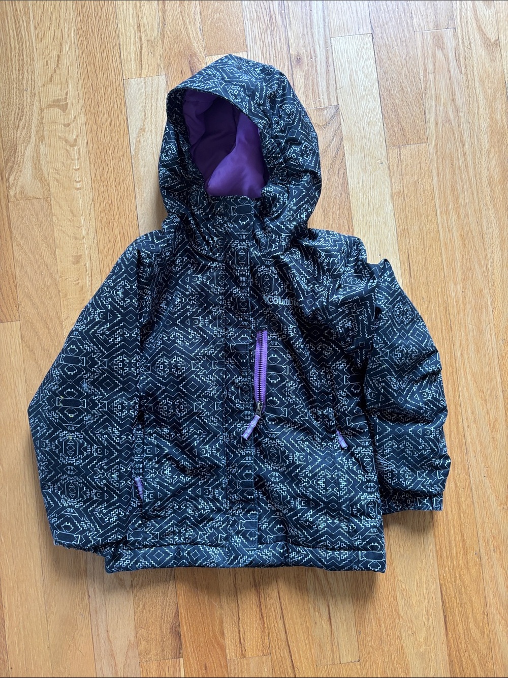 Girls Columbia Omnitech Wintet Jacket - Black Aztec with purple details